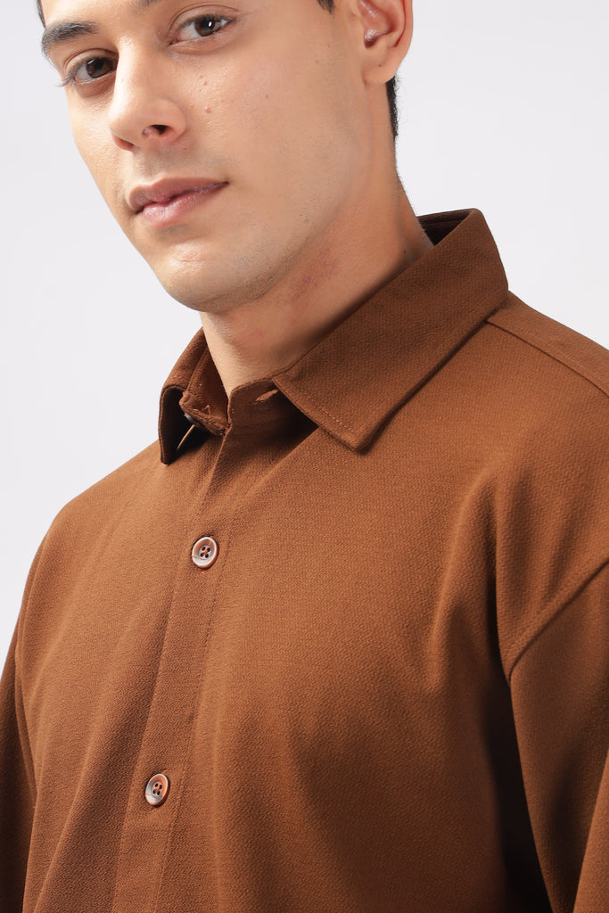 Solid Cotton Blend Oversized Shirt (Brown)