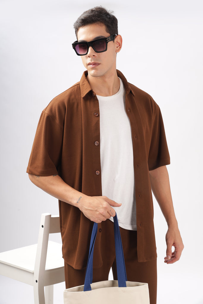 Solid Cotton Blend Oversized Shirt Fudge