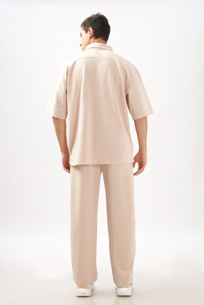 Solid Cotton Blend Oversized Trouser (Beige)