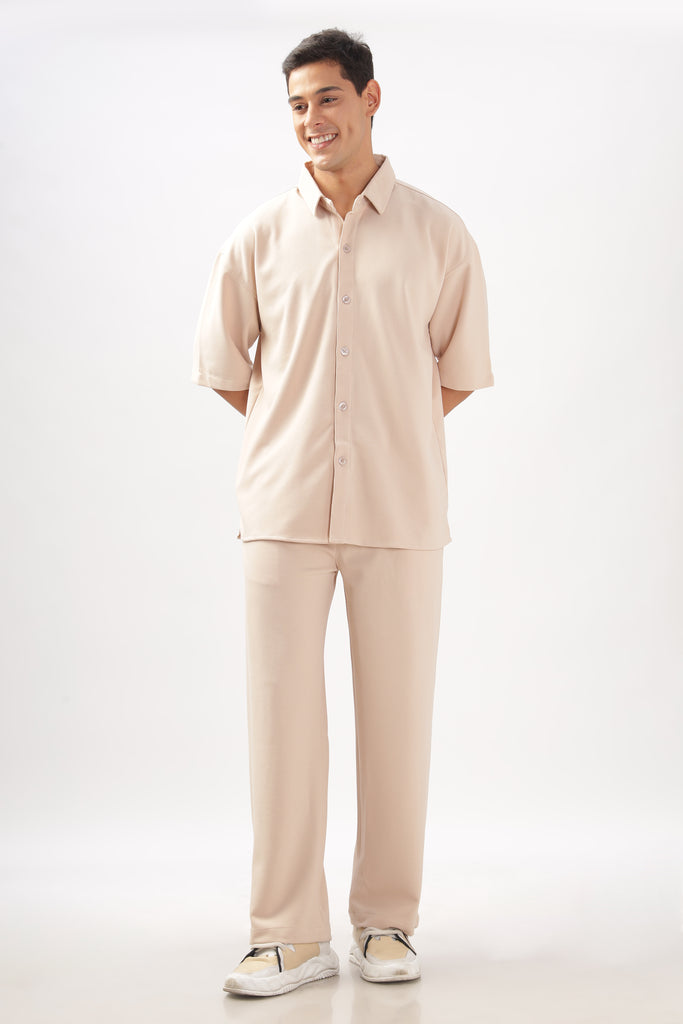 Solid Cotton Blend Oversized Trouser (Beige)