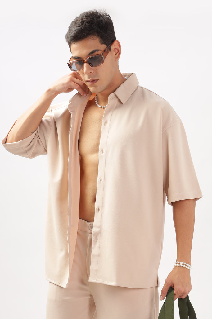 Solid Cotton Blend Oversized Shirt (Beige)