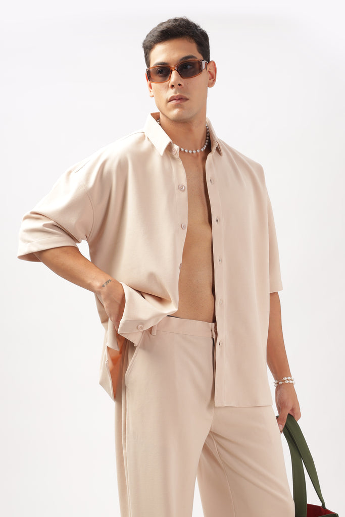 Solid Cotton Blend Oversized Shirt (Beige)