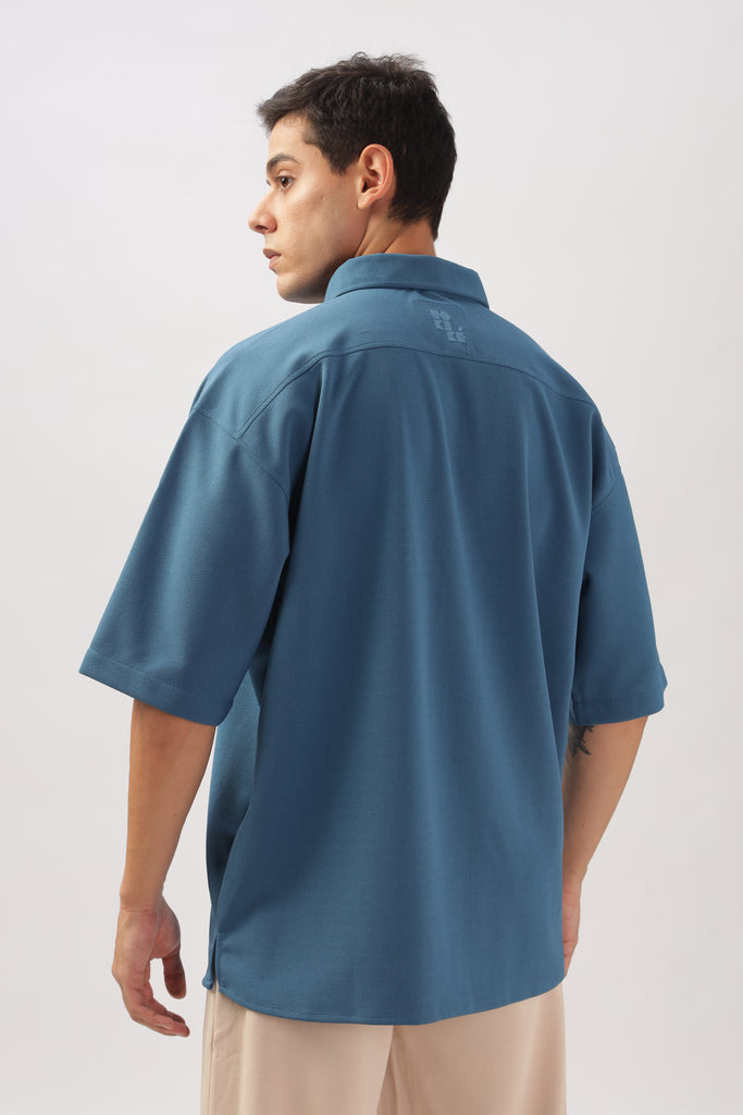 Solid Cotton Blend Oversized Shirt Lagoon