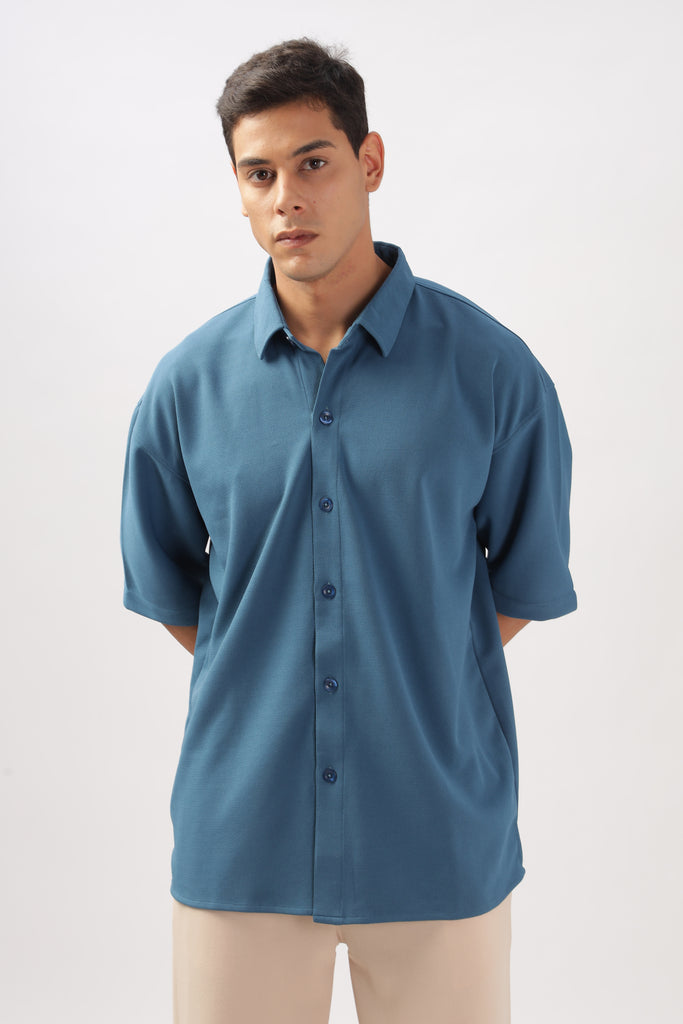 Solid Cotton Blend Oversized Shirt Lagoon