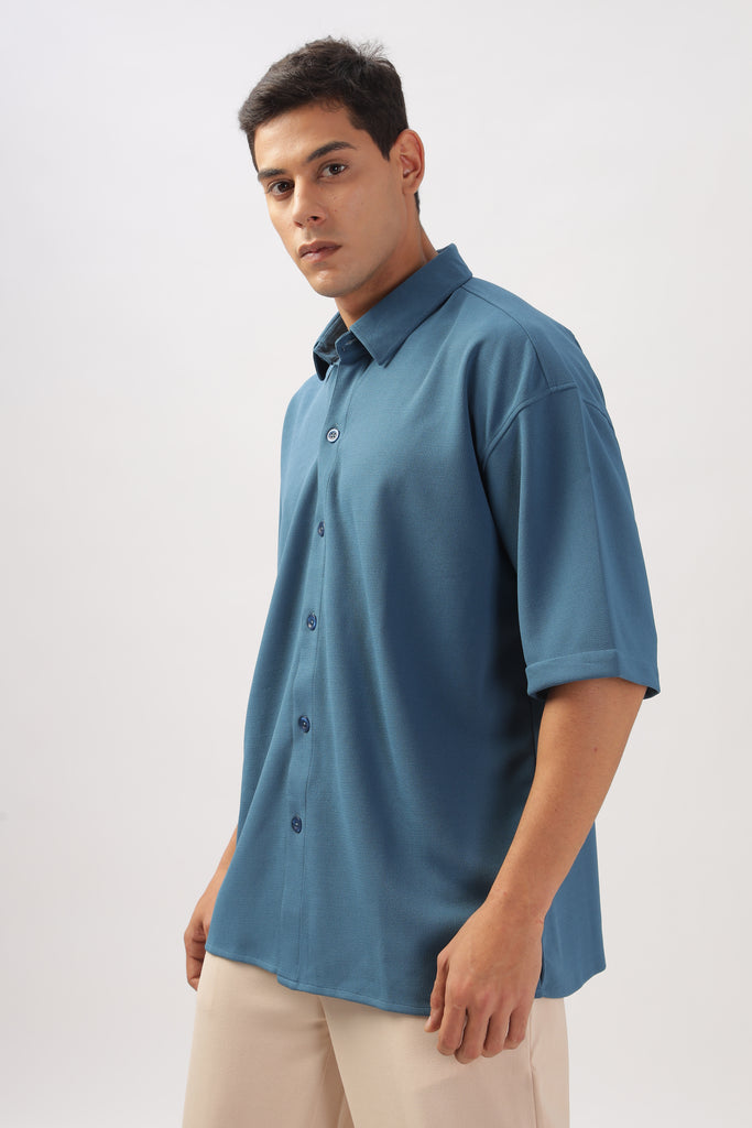 Solid Cotton Blend Oversized Shirt (Blue)