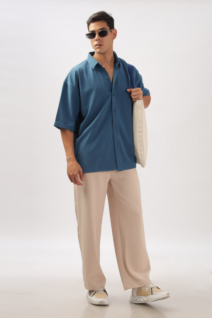 Solid Cotton Blend Oversized Shirt (Blue)