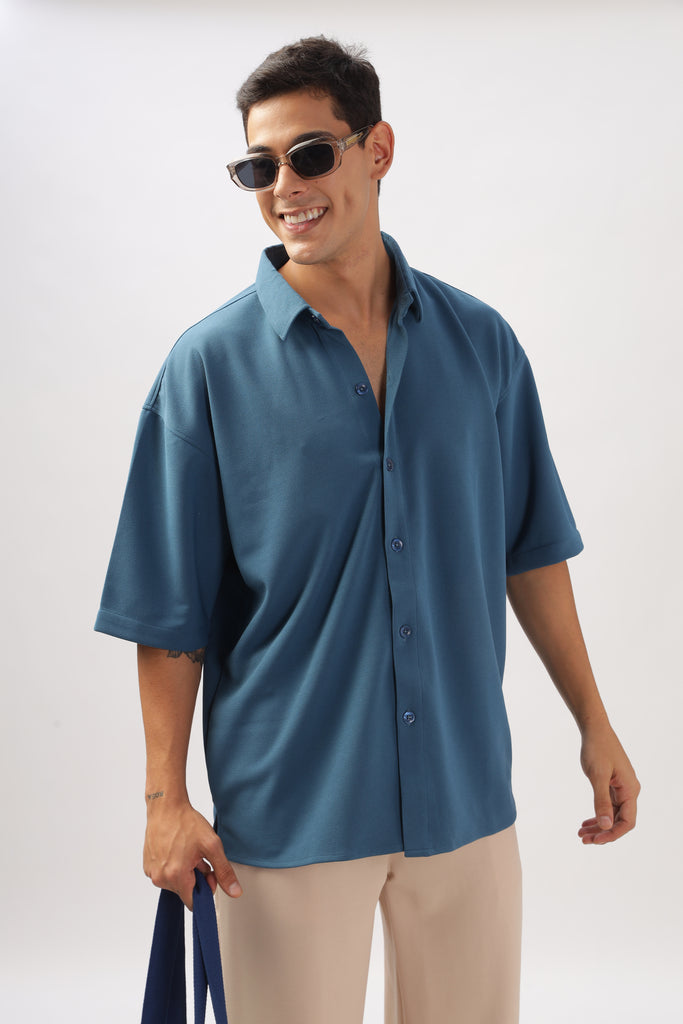 Solid Cotton Blend Oversized Shirt (Blue)