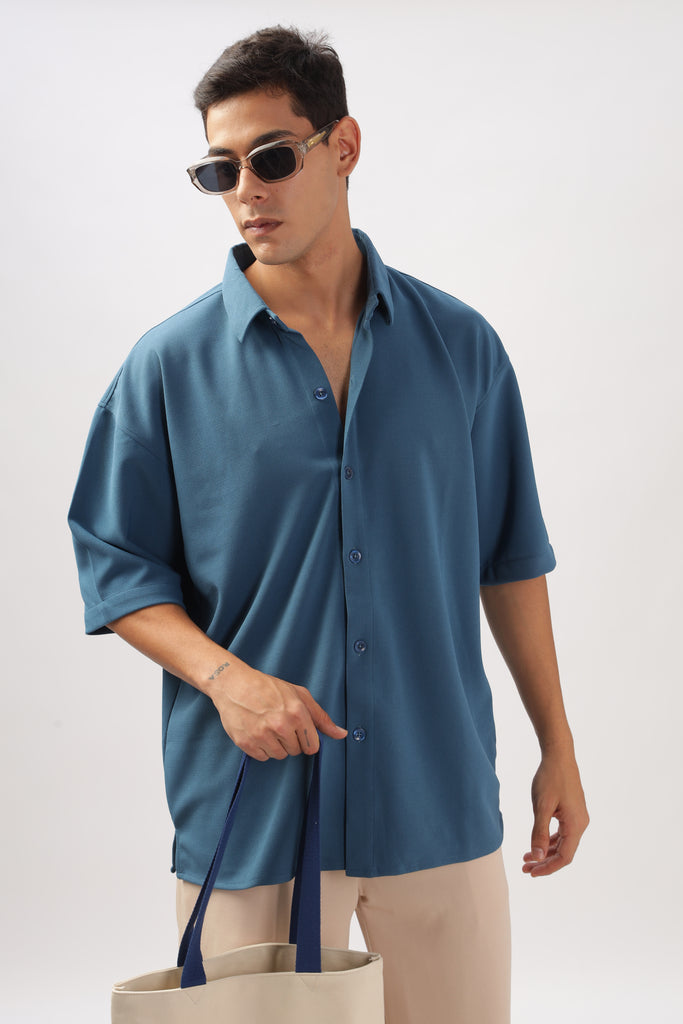 Solid Cotton Blend Oversized Shirt Lagoon