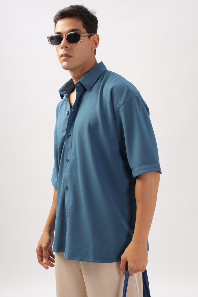 Solid Cotton Blend Oversized Shirt Lagoon