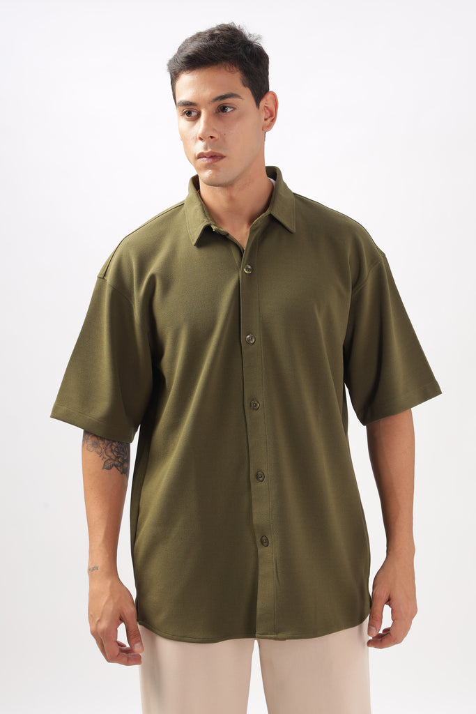 Solid Cotton Blend Oversized Shirt (Olive)