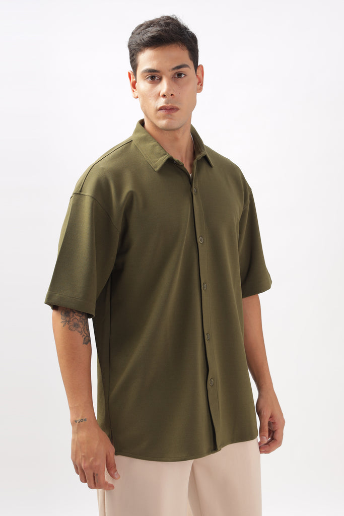 Solid Cotton Blend Oversized Shirt Mangrove