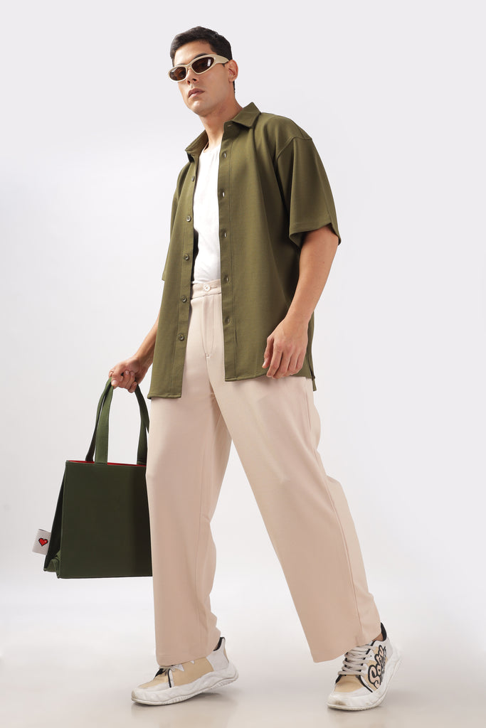 Solid Cotton Blend Oversized Trouser (Beige)