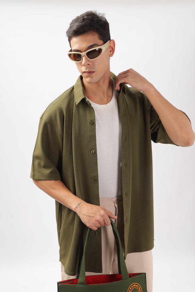 Solid Cotton Blend Oversized Shirt Mangrove