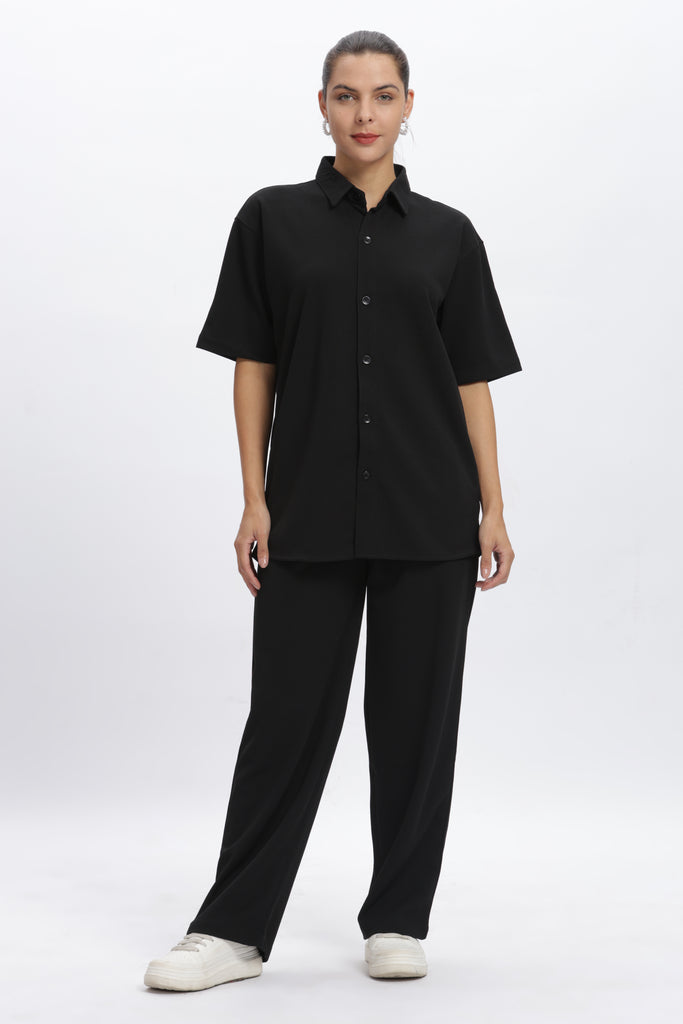 Solid Cotton Blend Oversized Trouser (Black)