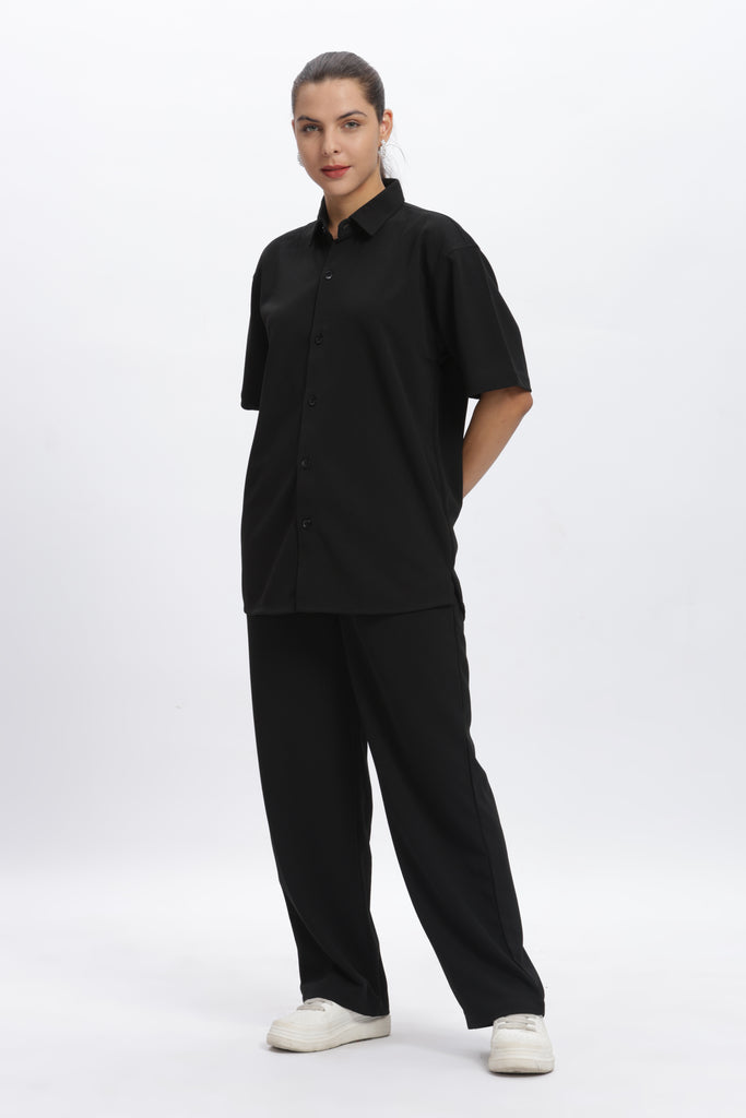 Solid Cotton Blend Oversized Trouser (Black)