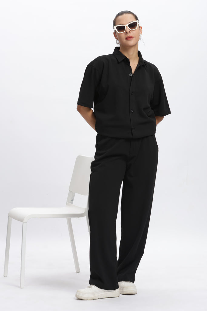 Solid Cotton Blend Oversized Trouser (Black)