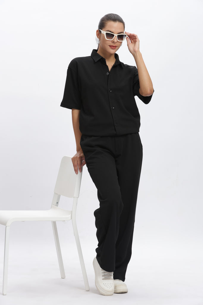 Solid Cotton Blend Oversized Trouser (Black)