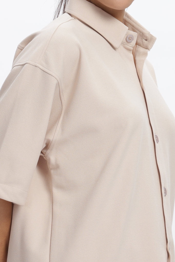 Solid Cotton Blend Oversized Shirt (Beige)