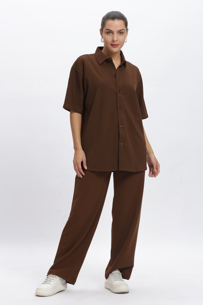 Solid Cotton Blend Oversized Trouser (Brown)