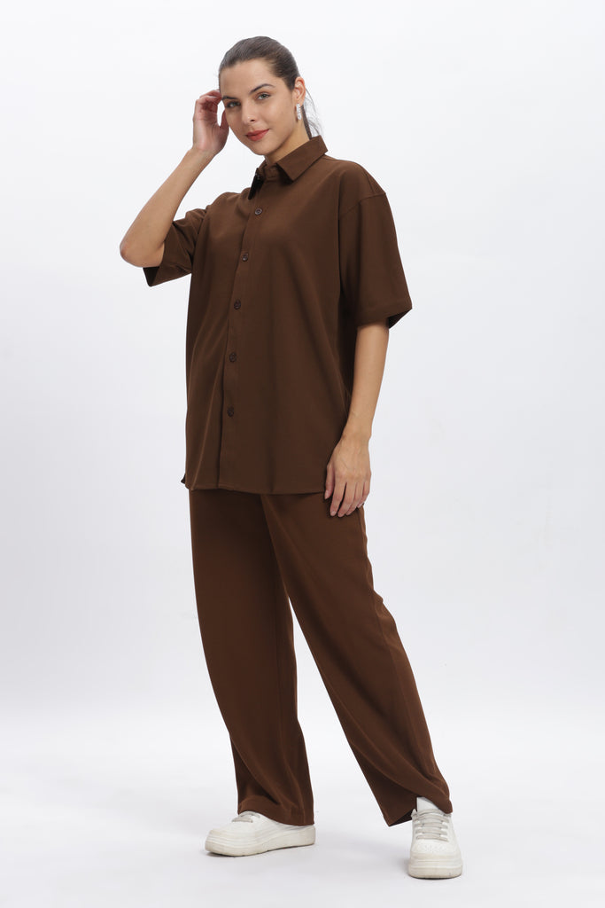 Solid Cotton Blend Oversized Co-ord Set (Brown)