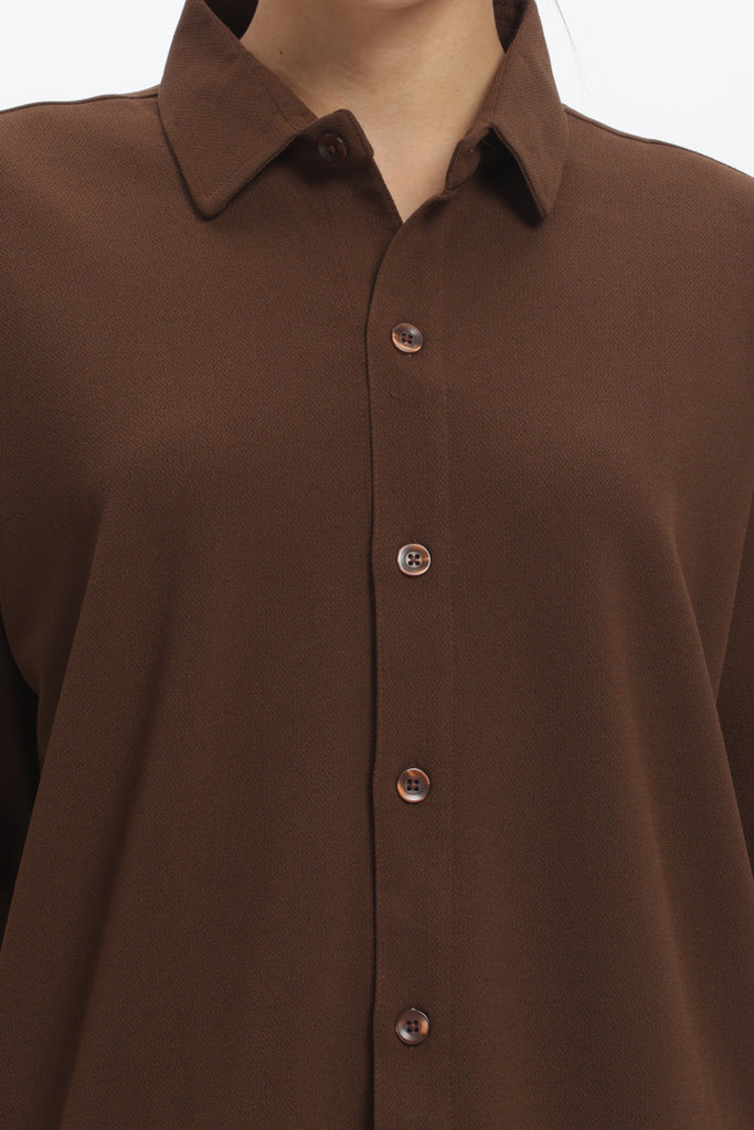 Solid Cotton Blend Oversized Shirt (Brown)