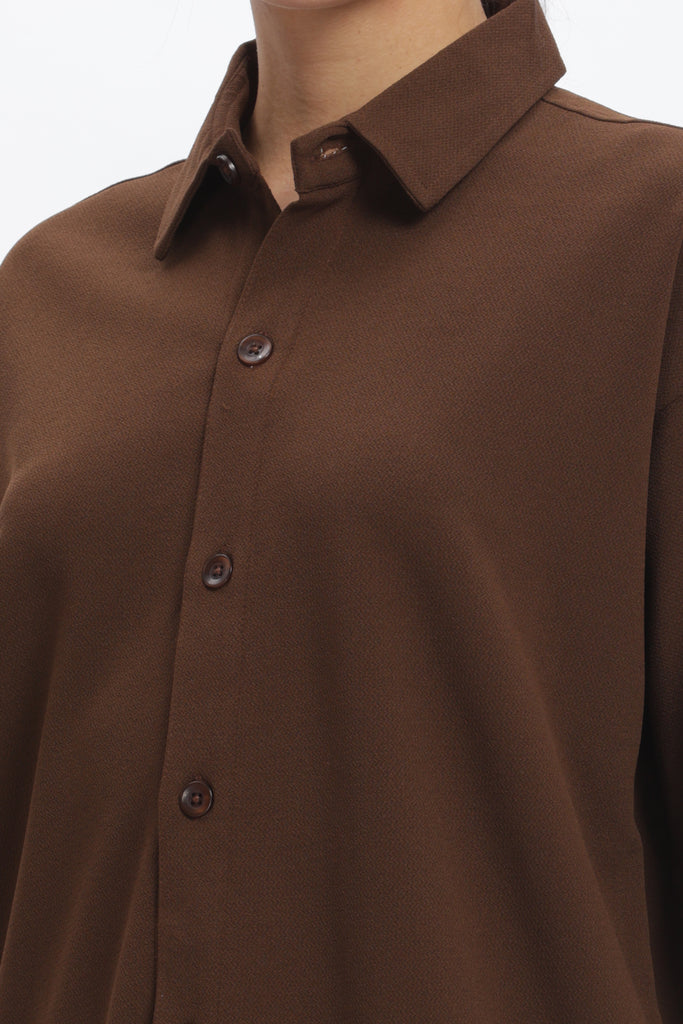 Solid Cotton Blend Oversized Shirt Fudge