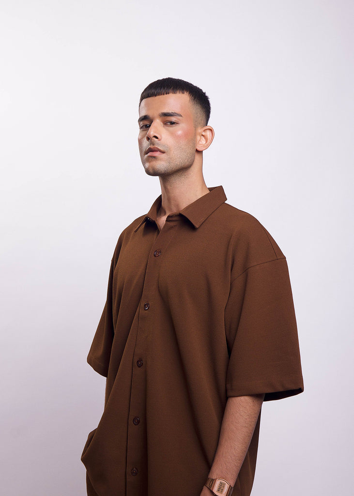 Solid Cotton Blend Oversized Shirt (Brown)