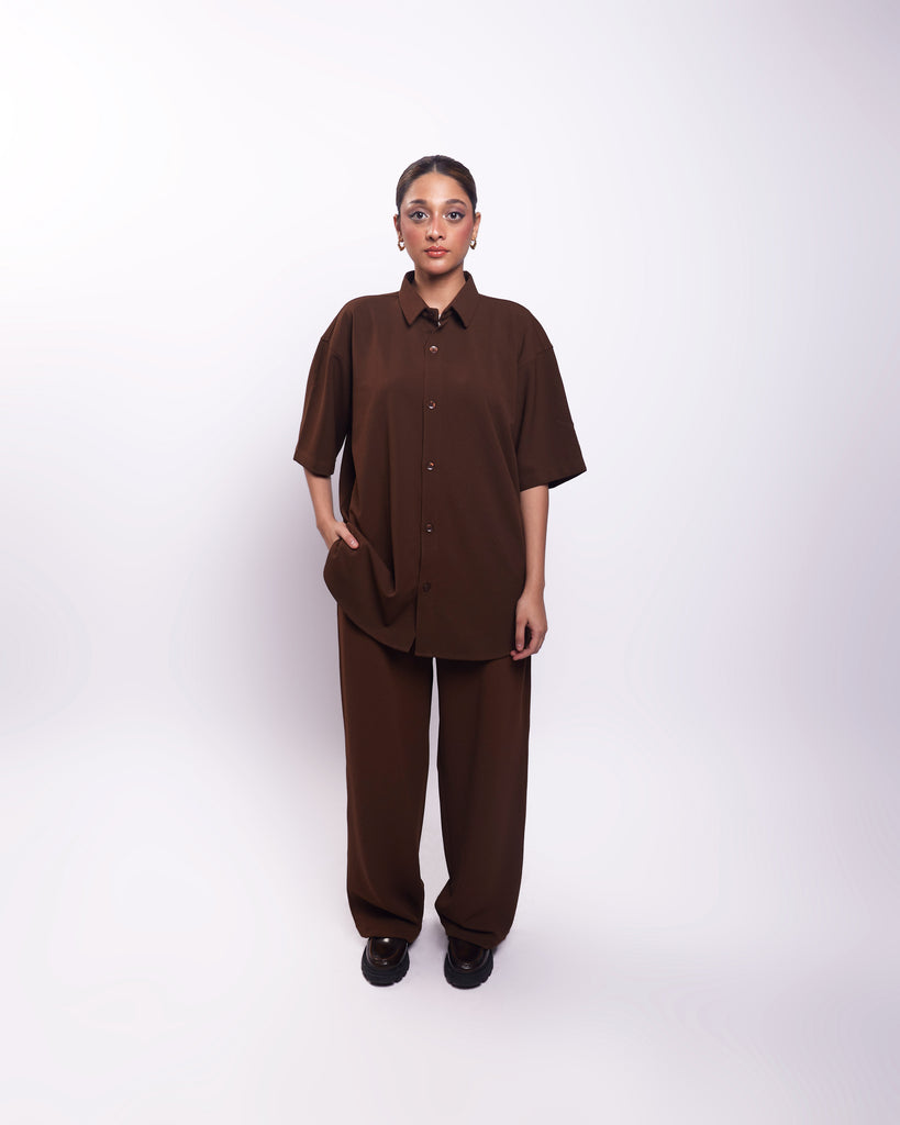 Solid Cotton Blend Oversized Co-ord Set (Brown)