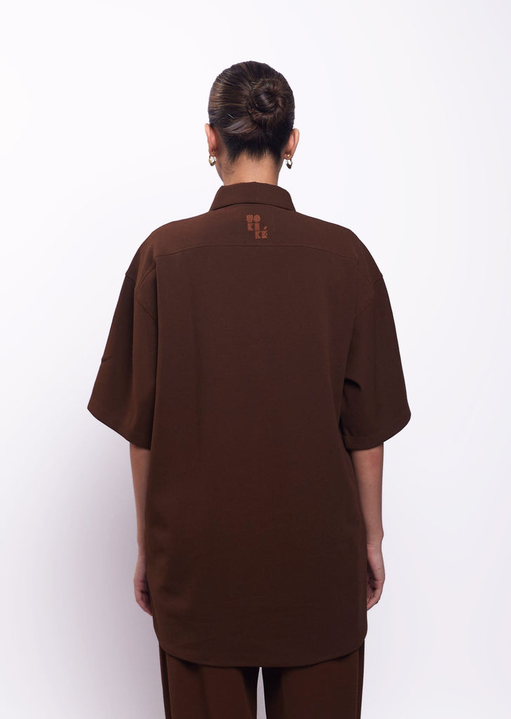 Solid Cotton Blend Oversized Shirt (Brown)