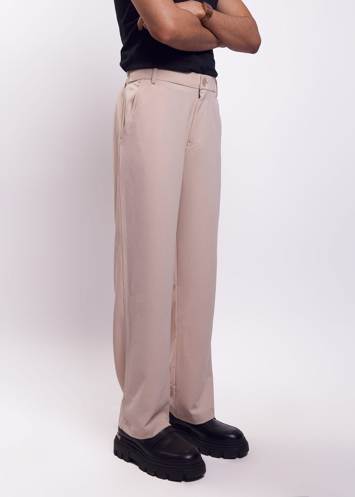 Solid Cotton Blend Oversized Trouser (Beige)