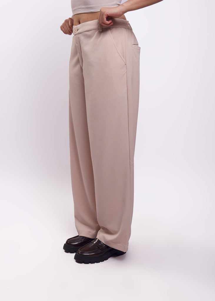 Solid Cotton Blend Oversized Trouser (Beige)