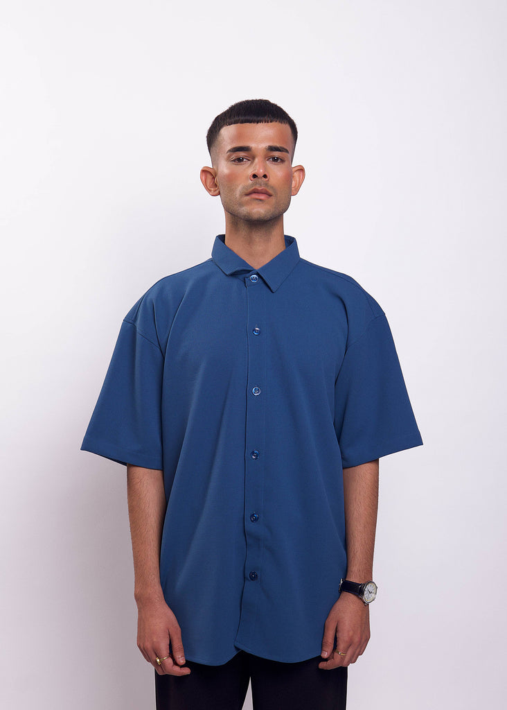 Solid Cotton Blend Oversized Shirt (Blue)