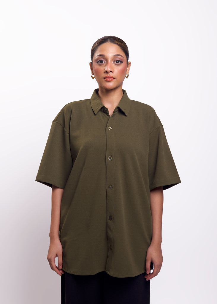 Solid Cotton Blend Oversized Shirt (Olive)