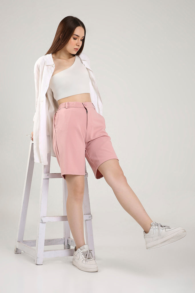 Solid Cotton Blend Oversized Shorts Rosé