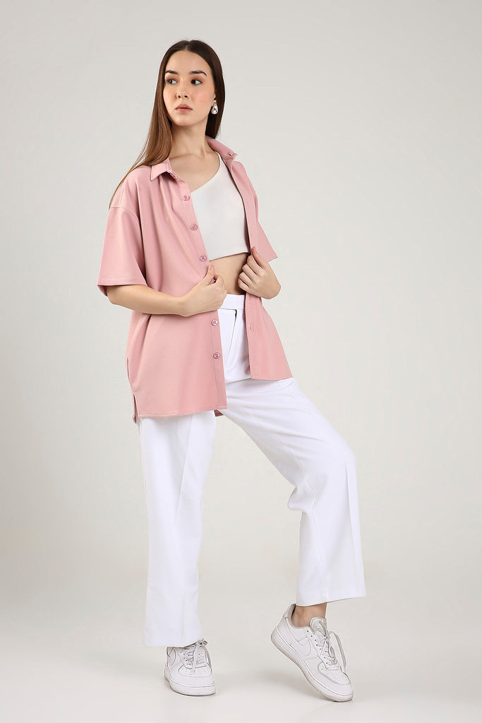 Solid Cotton Blend Oversized Shirt Rosé