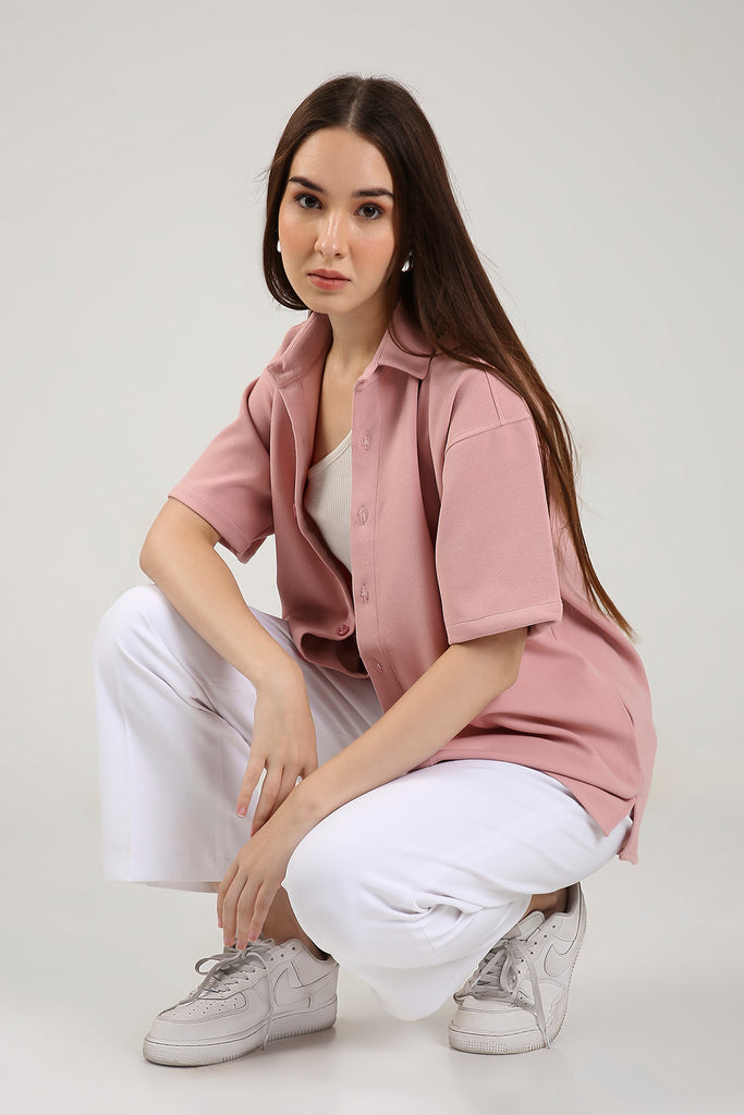 Solid Cotton Blend Oversized Shirt Rosé