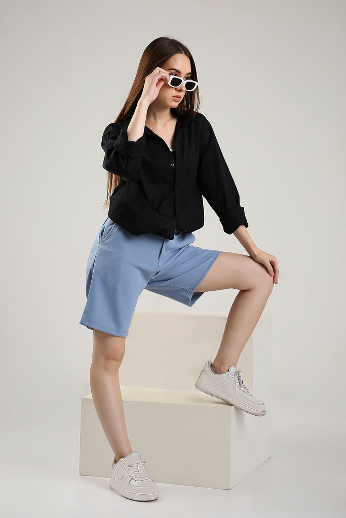 Solid Cotton Blend Oversized Shorts Thunder