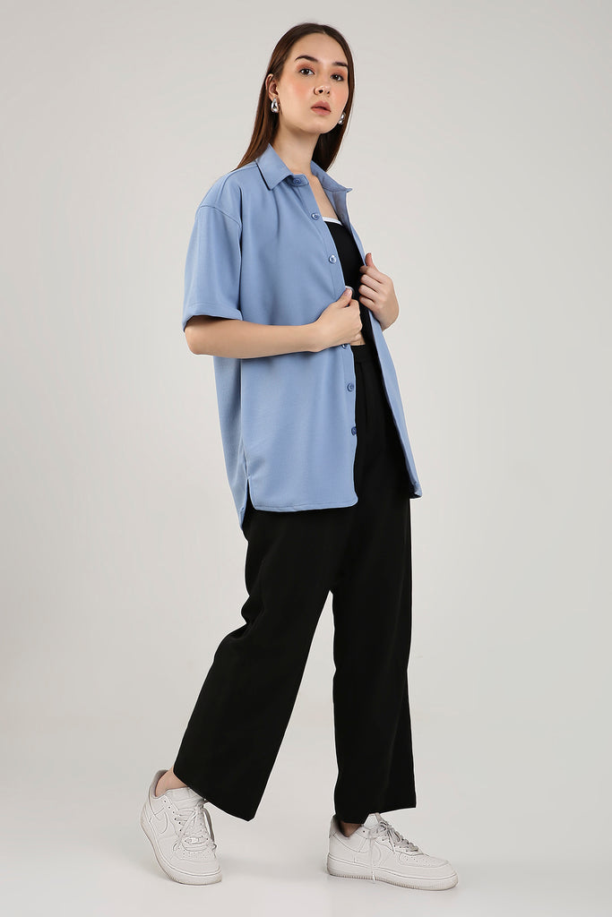 Solid Cotton Blend Oversized Shirt Thunder